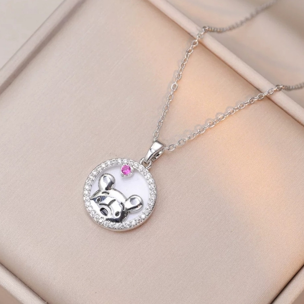Silver Winnie the Pooh Crystal Halo Necklace Pink Heart Edition